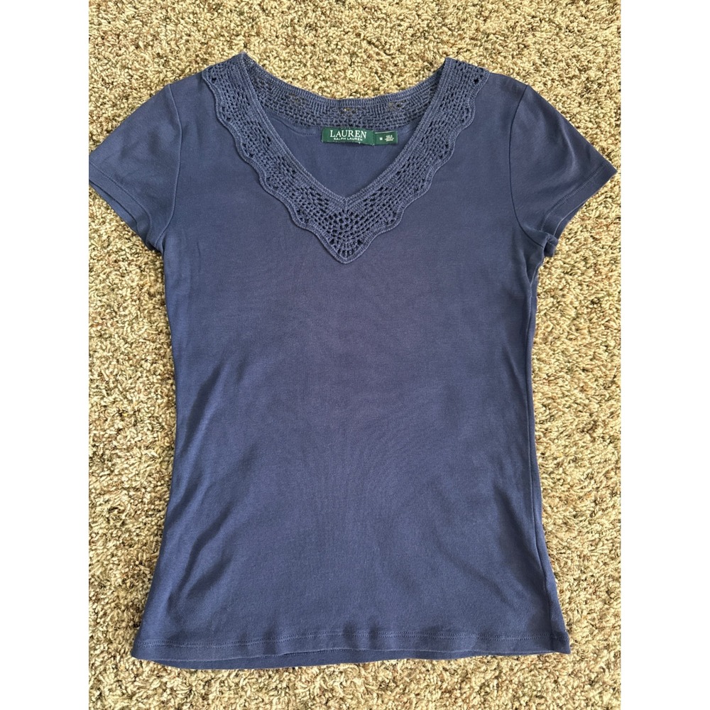 Ralph Lauren Navy Blue Crochet Lace V-Neck Cotton Minimalist Short Womens M Boho